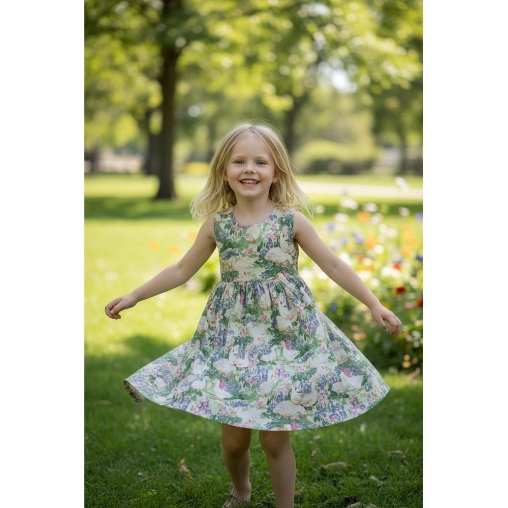 Homemade Girls A-Line Dress Size 4T Pastel Goose & Floral Print missing buttons